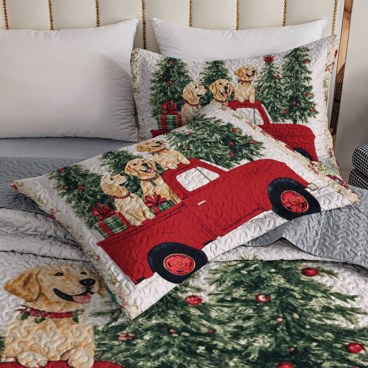 Shineful All Season Quilt 3-Piece Set Golden Retriever Christmas