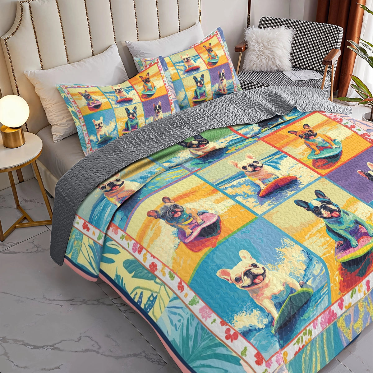 Shineful All Season Quilt 3-Piece Set - Surfing Frenchie