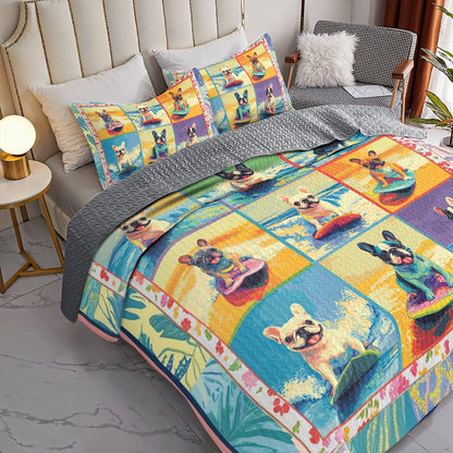 Shineful All Season Quilt 3-Piece Set - Surfing Frenchie