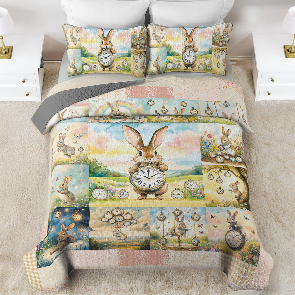 Shineful All Season Quilt 3-Piece Set Tick-Tock Woodland Rabbit