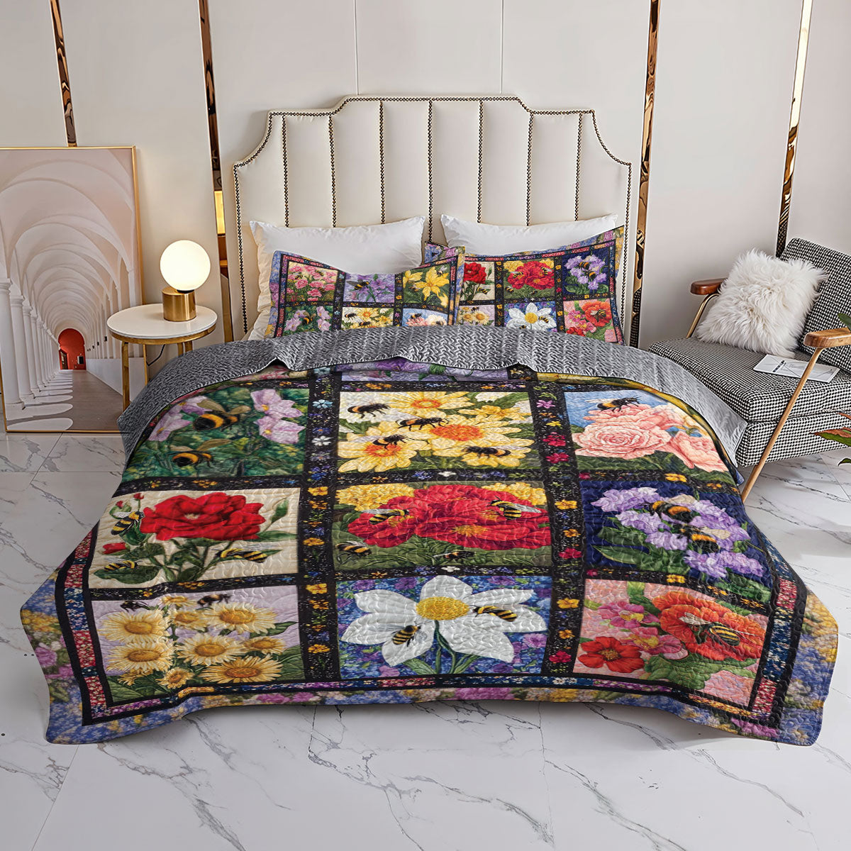 Shineful All Season Quilt 3-Piece Set Honeybee Garden: 12 Months of Floral Bliss