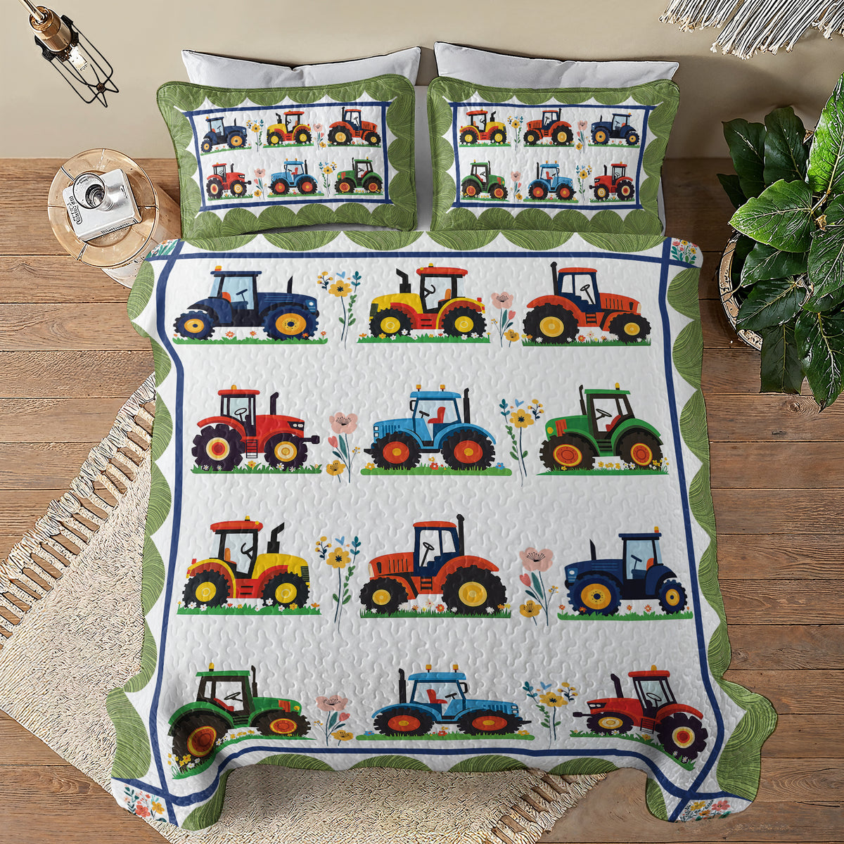 Shineful All Season Quilt 3-Piece Set - Tractors On The Floral Farm