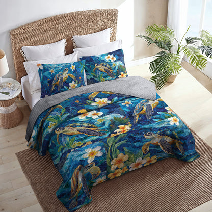 Shineful All Season Quilt 3-Piece Set Plumeria Deep Blue Sea Turtle