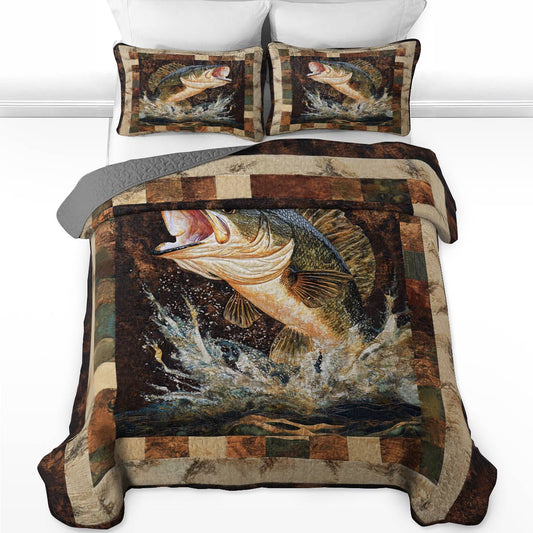 Shineful All Season Quilt 3-Piece Set Retro Largemouth Bass