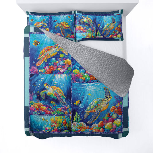 Shineful All Season Quilt 3-Piece Set - Sea Turtle And Vibrant Ocean Life