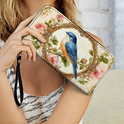 Shineful Leather Clutch Purse With Wristlet Strap Handle Royal Charm Bluebird