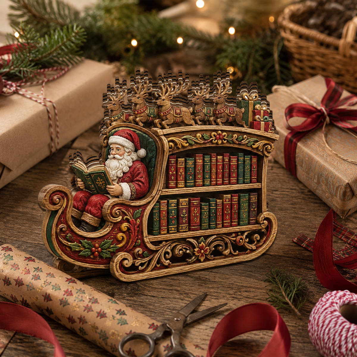 Shineful Santa Sleigh Bookshelf Custom Shape Wooden Block