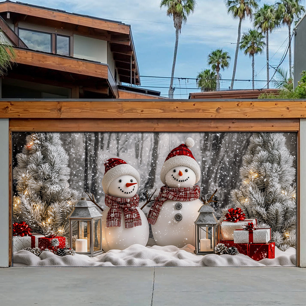 Shineful Garage Door Banner Decoration Winter Forest Cheerful Snowman Couple