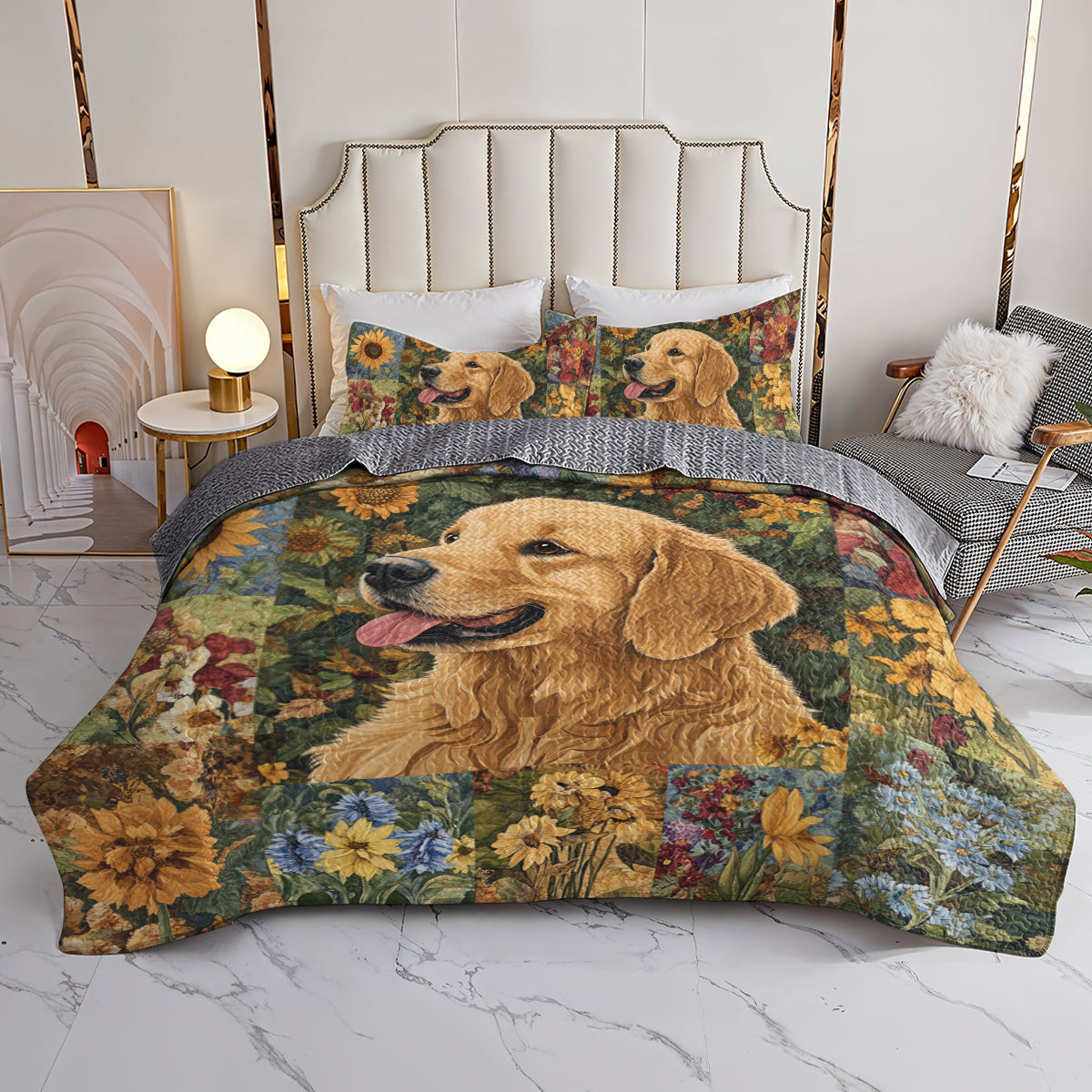 Shineful All Season Quilt 3-Piece Set Golden Retriever Floral Bliss