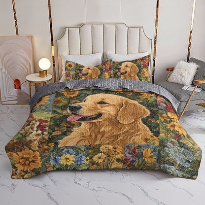 Shineful All Season Quilt 3-Piece Set Golden Retriever Floral Bliss