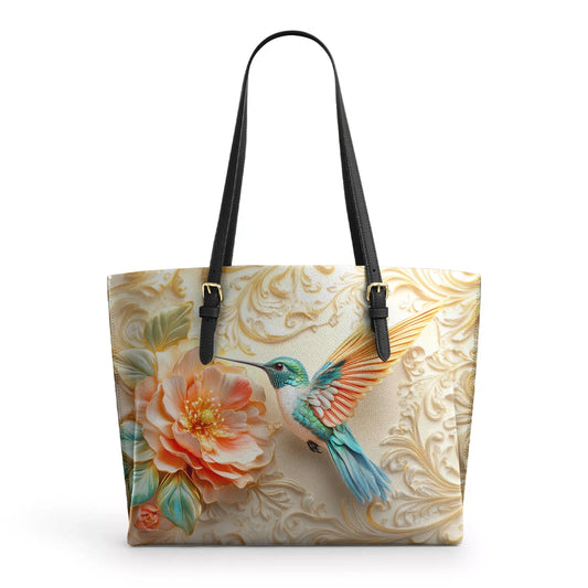 Shineful Leather Tote Bag - Golden Bloom Hummingbird
