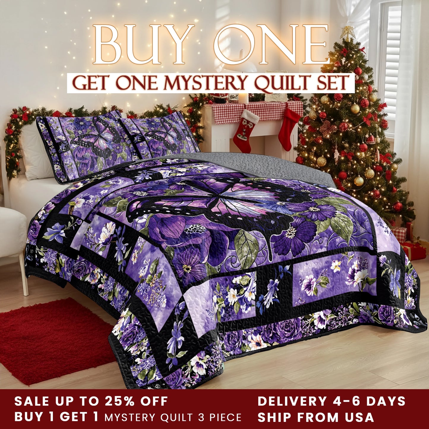 Shineful Quilt 3-Piece Set Gorgeous Purple Butterfly Flowers