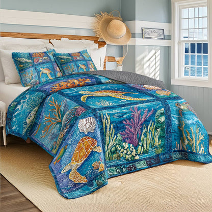 Shineful All Season Quilt 3-Piece Set - Sea Turtle Ocean Patchwork