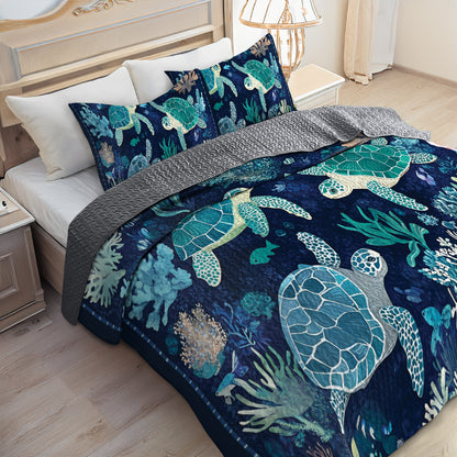 Shineful All Season Quilt 3-Piece Set Sea Turtle Underwater Ballet