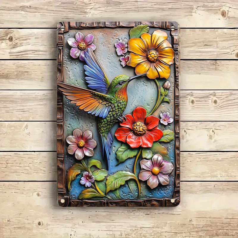 Shineful 2D Metal Sign Vibrant Floral Hummingbird