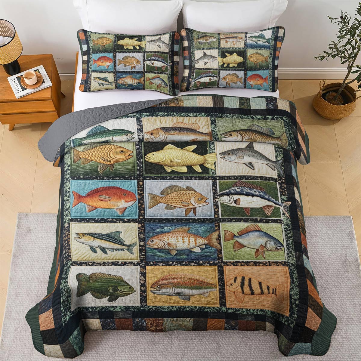 Shineful All Season Quilt 3-Piece Set Patchwork Fish