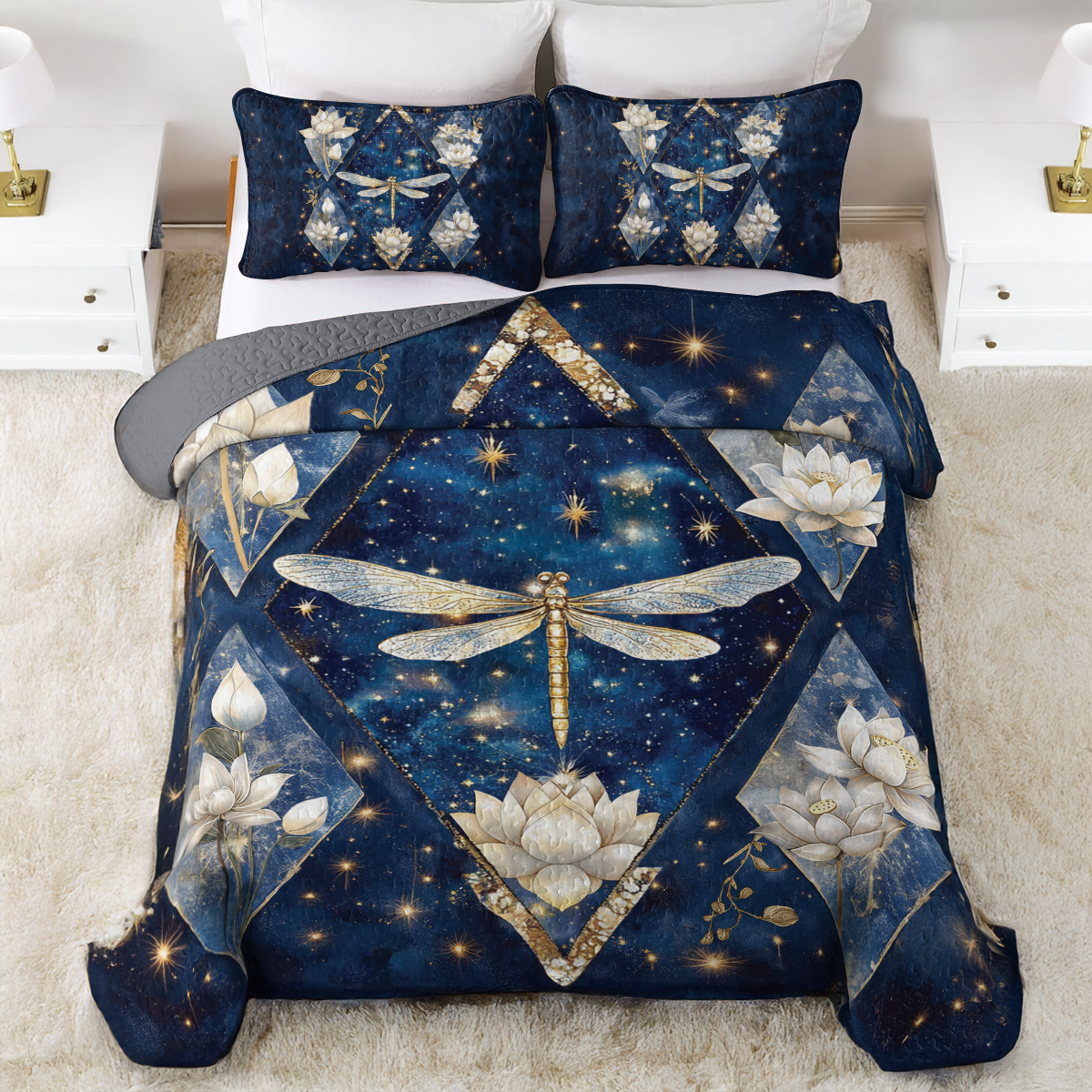 Shineful All Season Quilt 3-Piece Set Enlightened Dragonfly Lotus