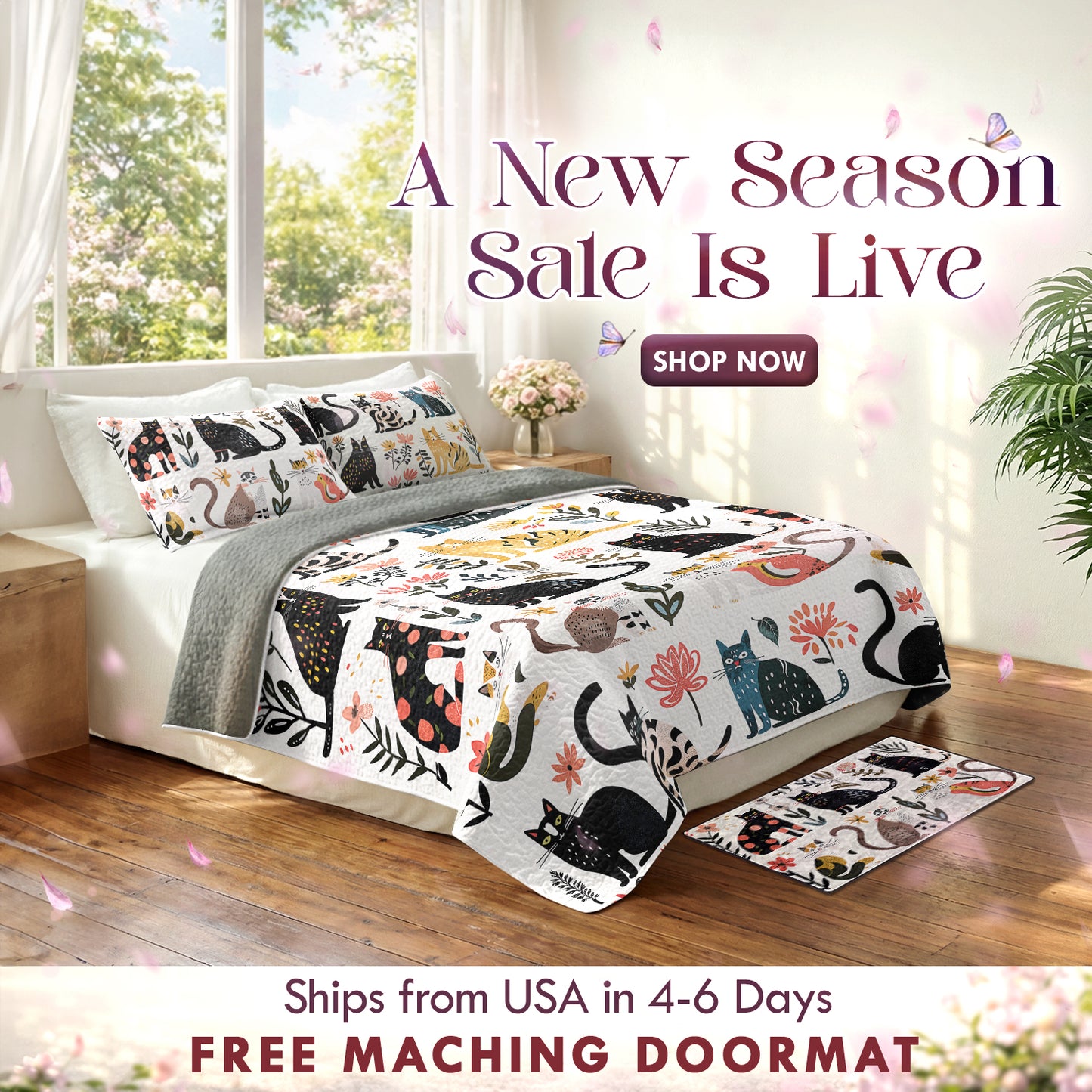 Shineful All Season Quilt 3-Piece Set Botanical Cat Bliss