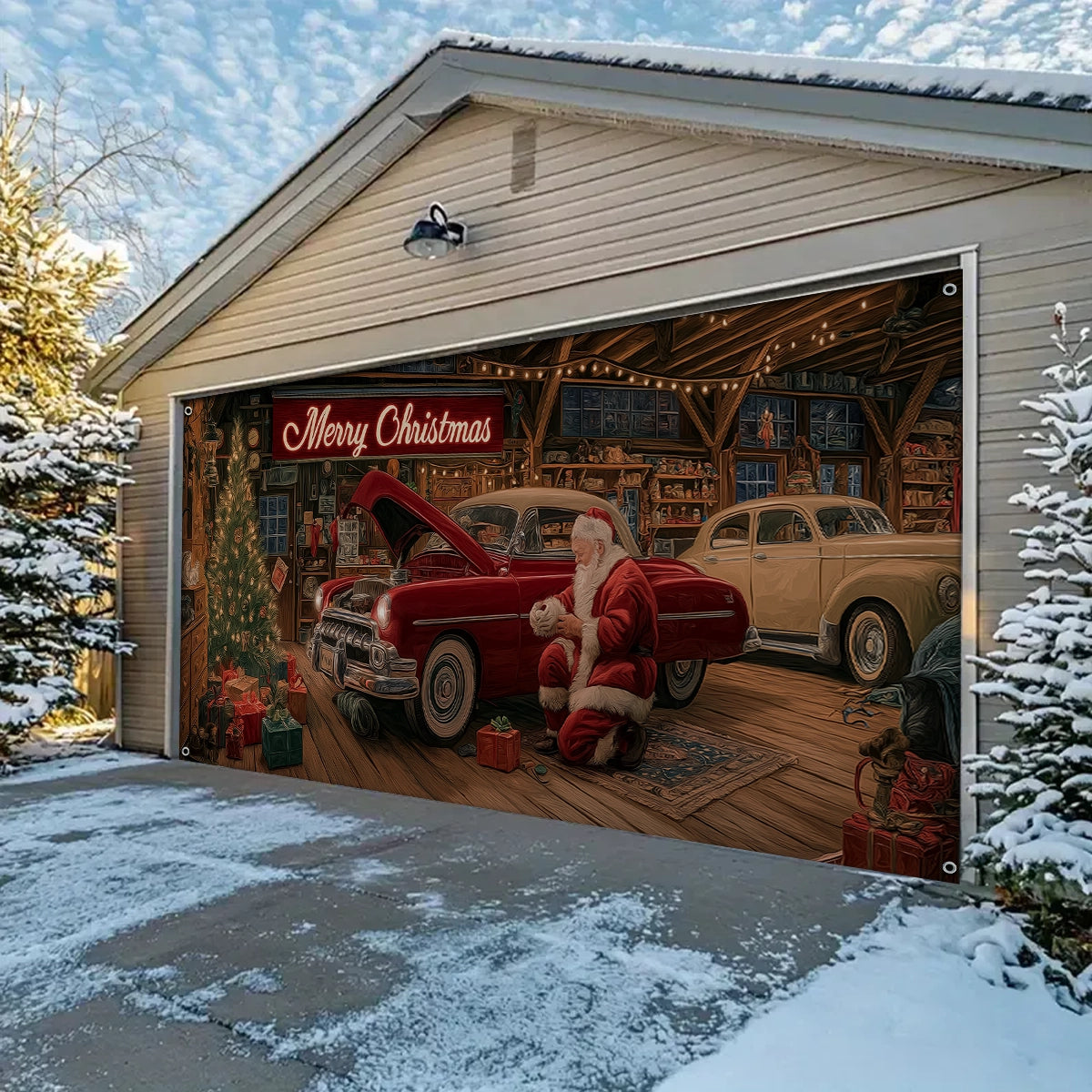 Shineful Garage Door Banner Decoration Santa’s Classic Car Workshop