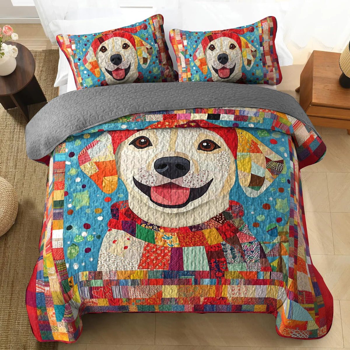 Shineful All Season Quilt 3-Piece Set Labrador Joy Patchwork