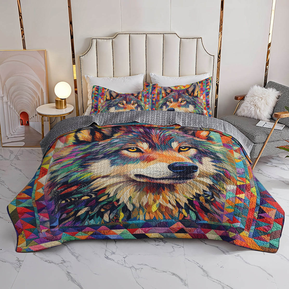 Shineful All Season Quilt 3-Piece Set Colorful Wolf