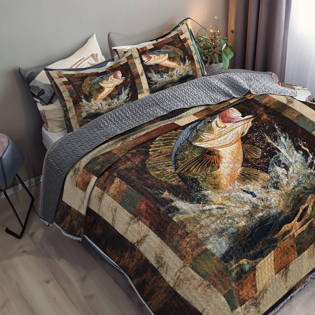 Shineful All Season Quilt 3-Piece Set Retro Largemouth Bass