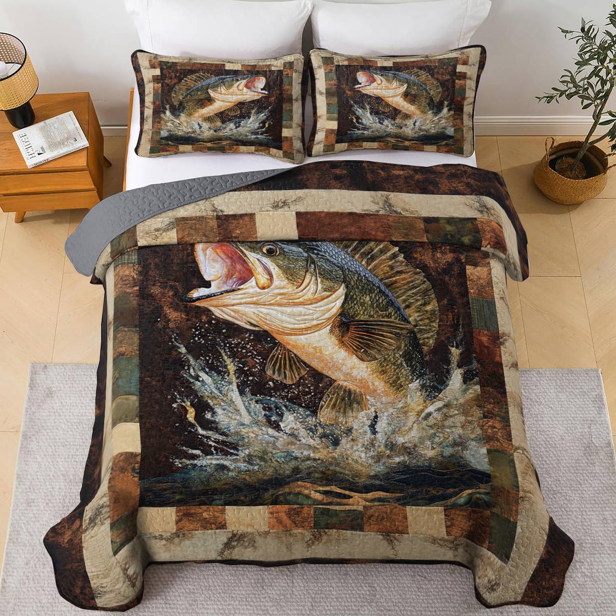 Shineful All Season Quilt 3-Piece Set Retro Largemouth Bass