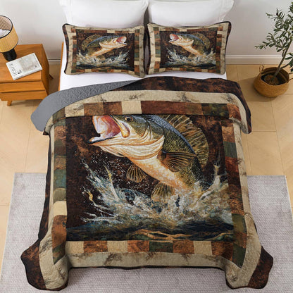 Shineful All Season Quilt 3-Piece Set Retro Largemouth Bass