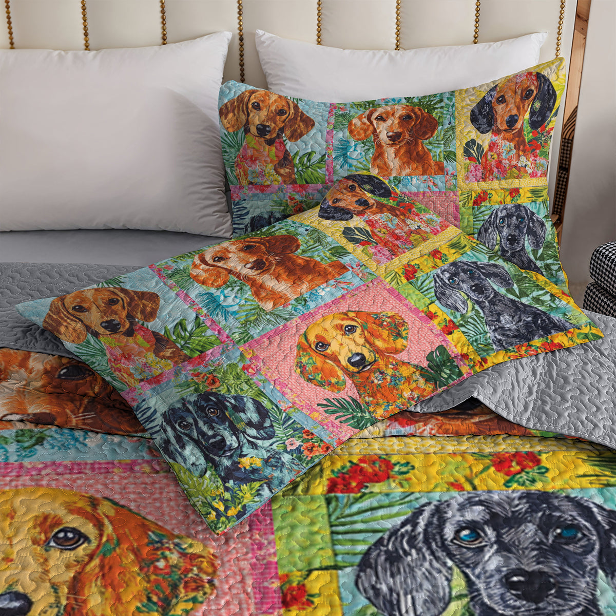 Shineful All Season Quilt 3-Piece Set Dachshund Patchwork Collection