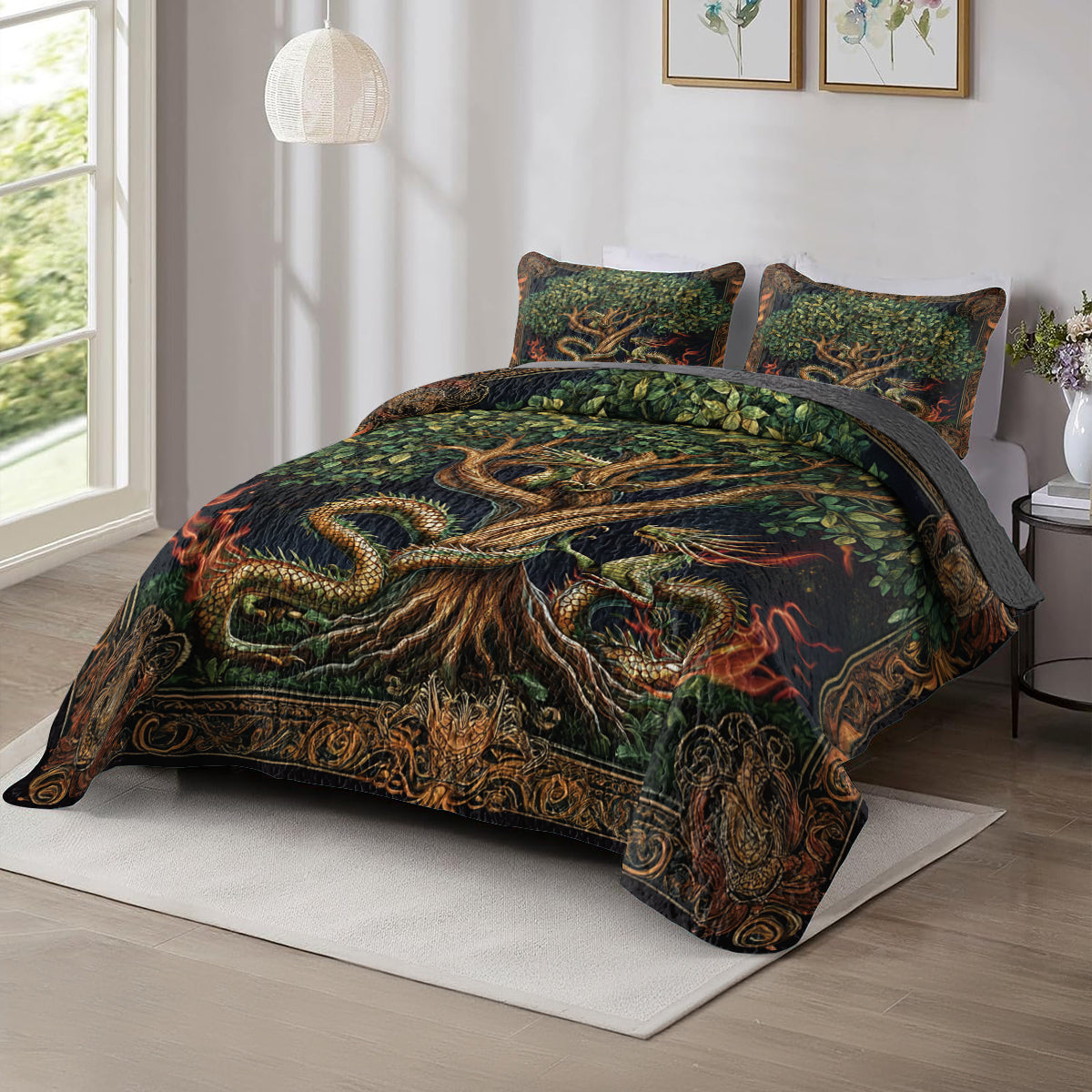 Shineful All Season Quilt 3-Piece Set Dragon & Tree Of Life