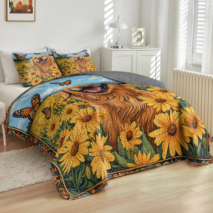 Shineful All Season Quilt 3-Piece Set Happy Golden Retriever In Flower Field