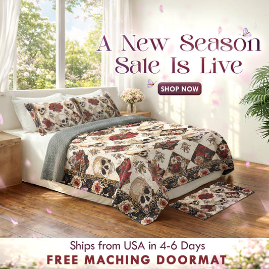 Shineful Quilt 3-Piece Set Elegent Skull Roses