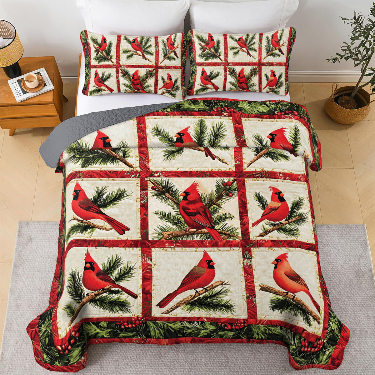 Shineful All Season Quilt 3-Piece Set Christmas Cardinal Blocks