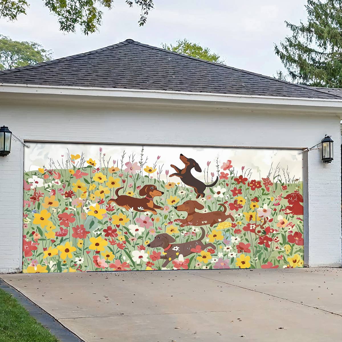 Shineful Garage Door Banner Decoration Dachshund In Flower Garden