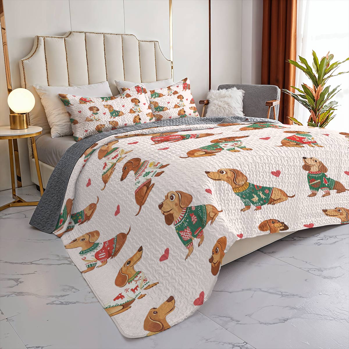 Shineful All Season Quilt 3-Piece Set - Festive Dachshund Sweater Delight