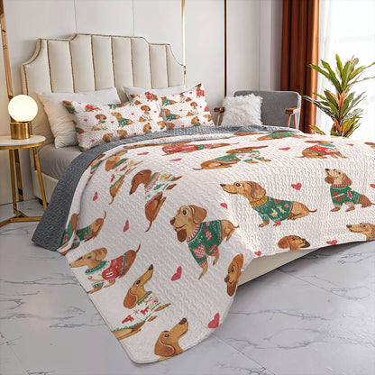 Shineful All Season Quilt 3-Piece Set - Festive Dachshund Sweater Delight