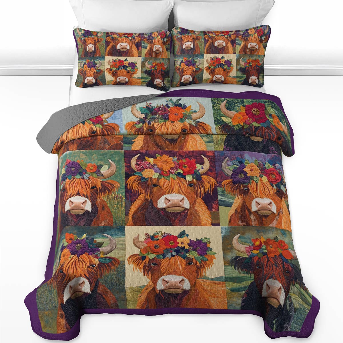 Shineful All Season Quilt 3-Piece Set - Floral Crowned Highland Cow