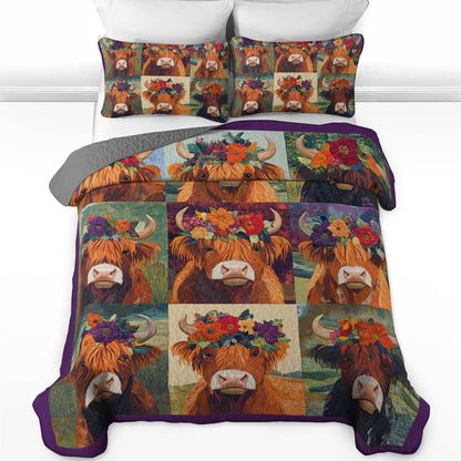 Shineful All Season Quilt 3-Piece Set - Floral Crowned Highland Cow