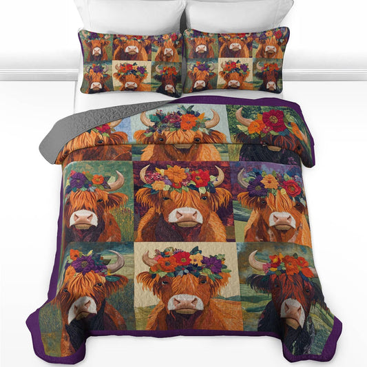 Shineful All Season Quilt 3-Piece Set - Floral Crowned Highland Cow