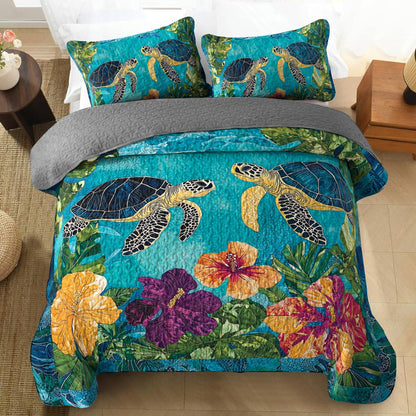 Shineful All Season Quilt 3-Piece Set - Sea Turtle & Tropical Flower