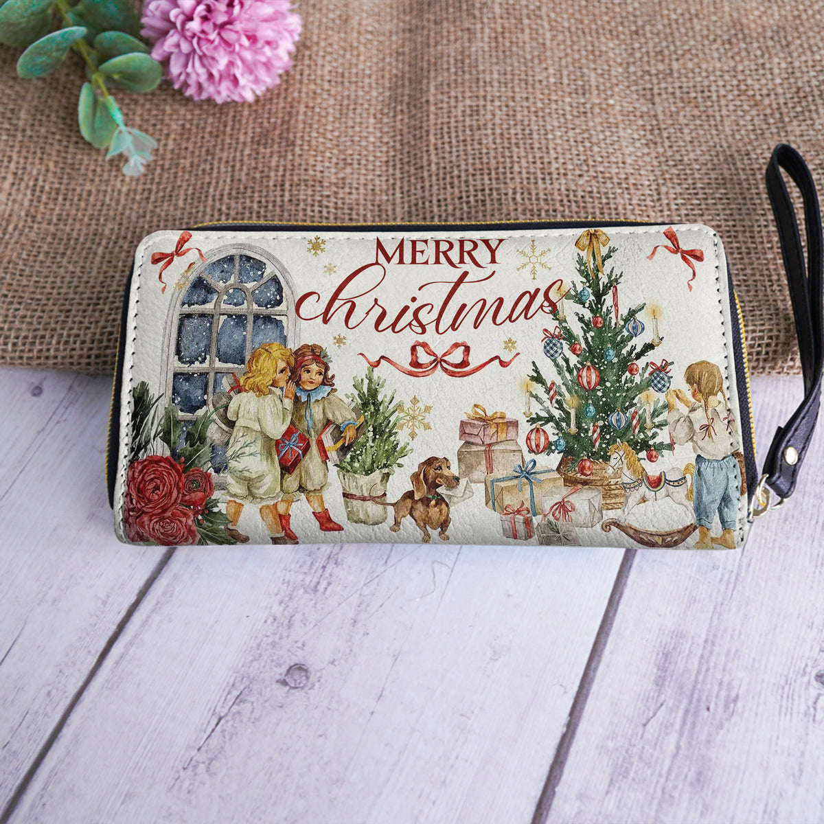 Shineful Leather Clutch Purse With Wristlet Strap Handle Holiday Nostalgia