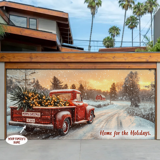 Shineful Personalized Garage Door Banner Decoration Vintage Red Truck Christmas Delight