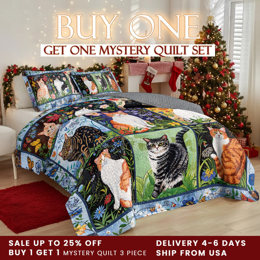 Shineful Quilt 3-Piece Set Cat Floral Felines