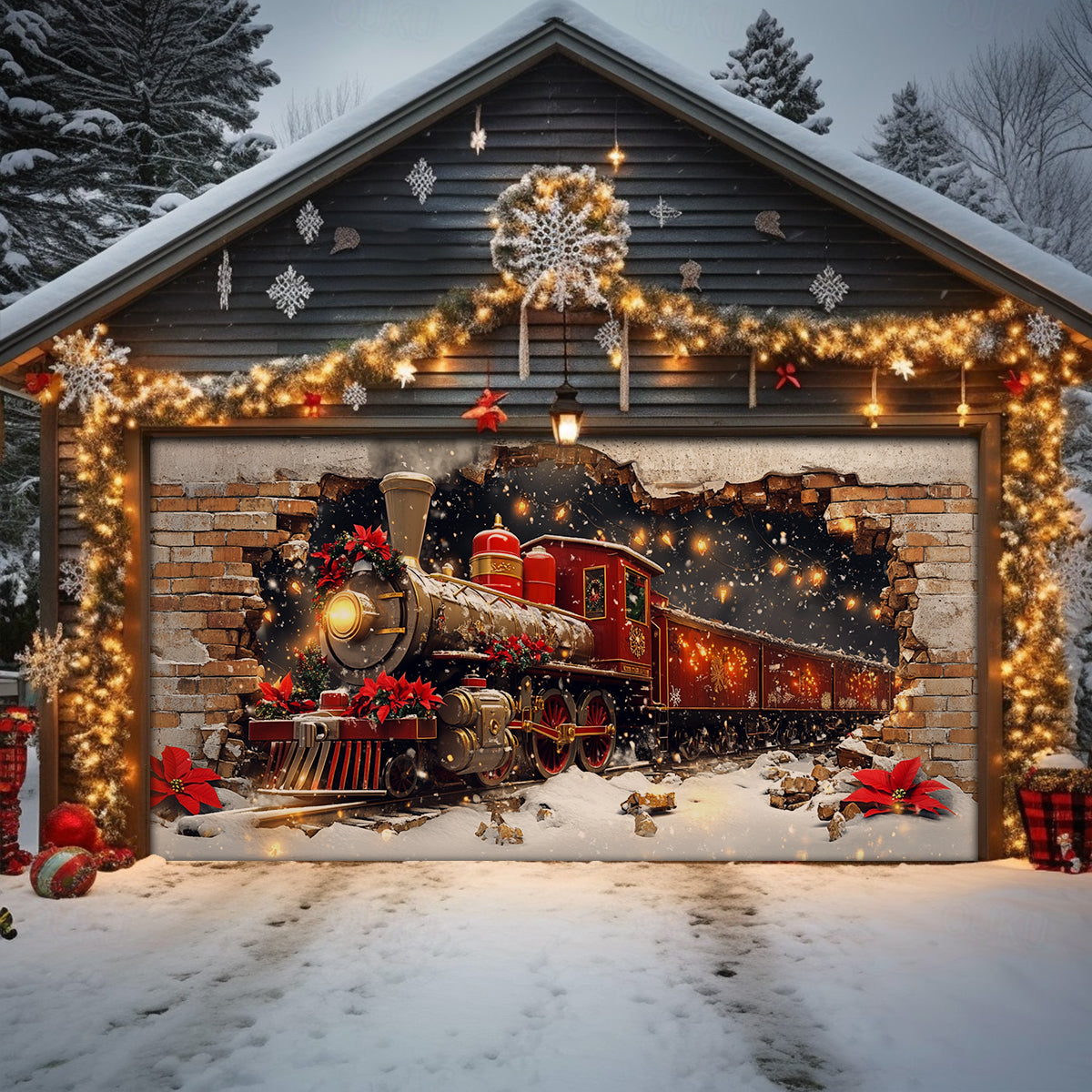 Shineful Garage Door Banner Decoration Holiday Train Burst