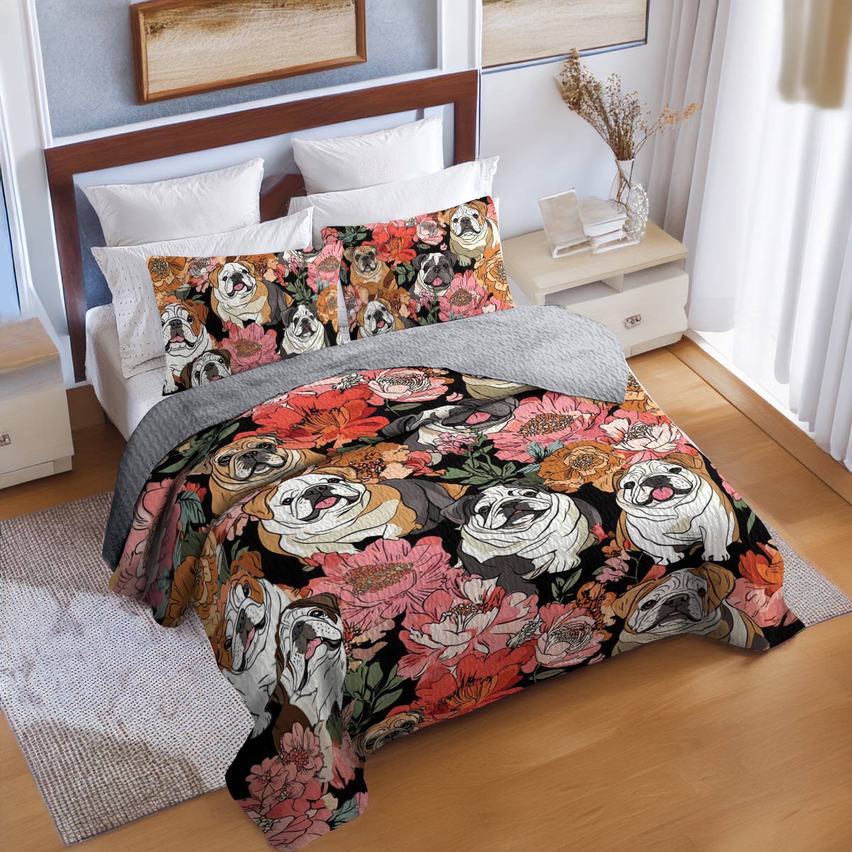 Shineful All Season Quilt 3-Piece Set Blooming Bulldogs
