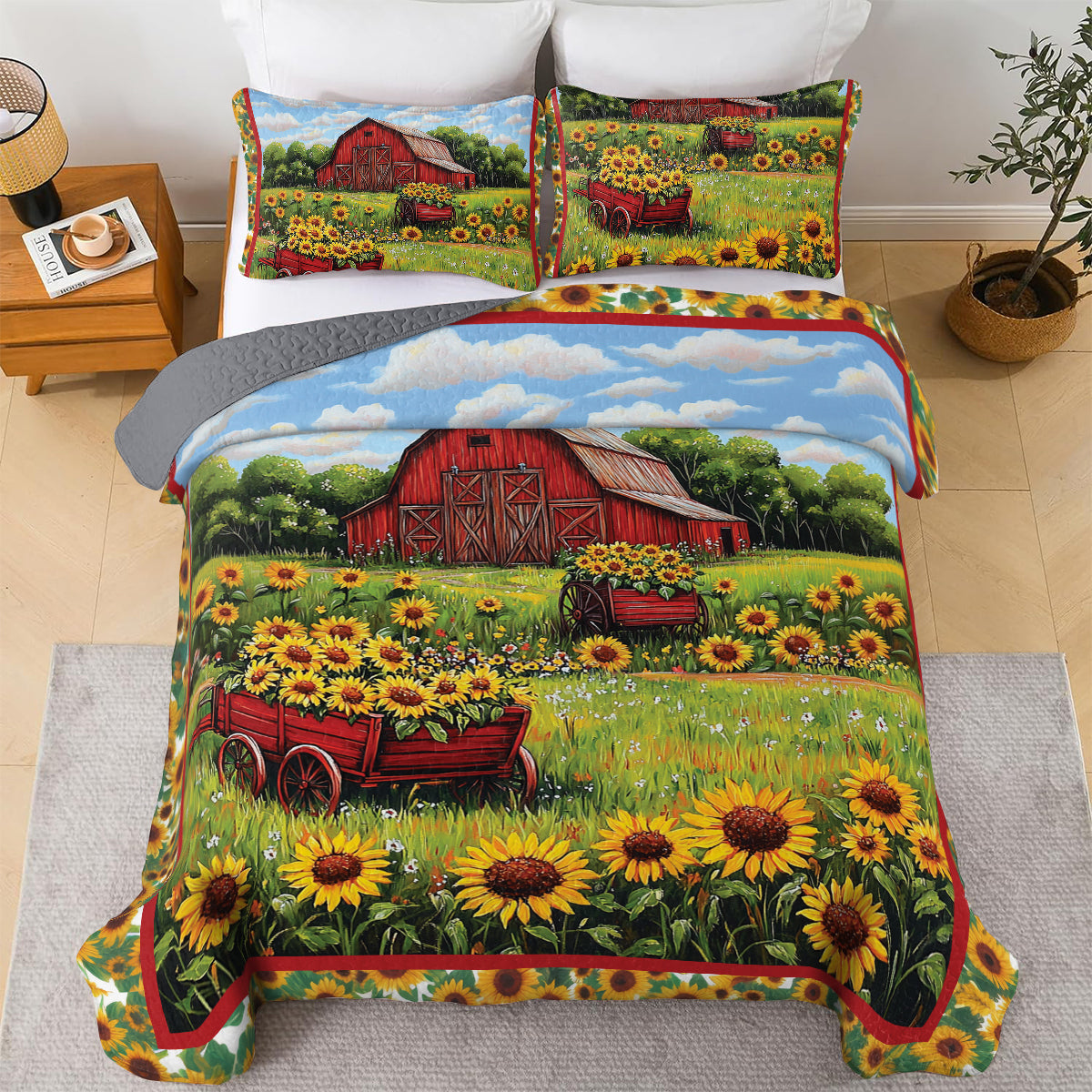 Shineful All Season Quilt 3-Piece Set - Barn and Sunflowers Quilt