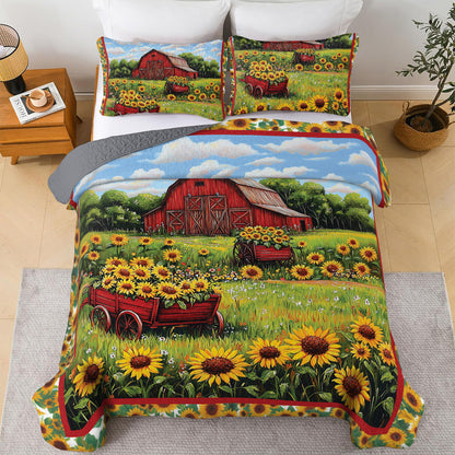 Shineful All Season Quilt 3-Piece Set - Barn and Sunflowers Quilt