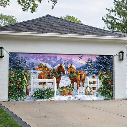 Shineful Garage Door Banner Decoration Festive Horses in Winter Wonderland