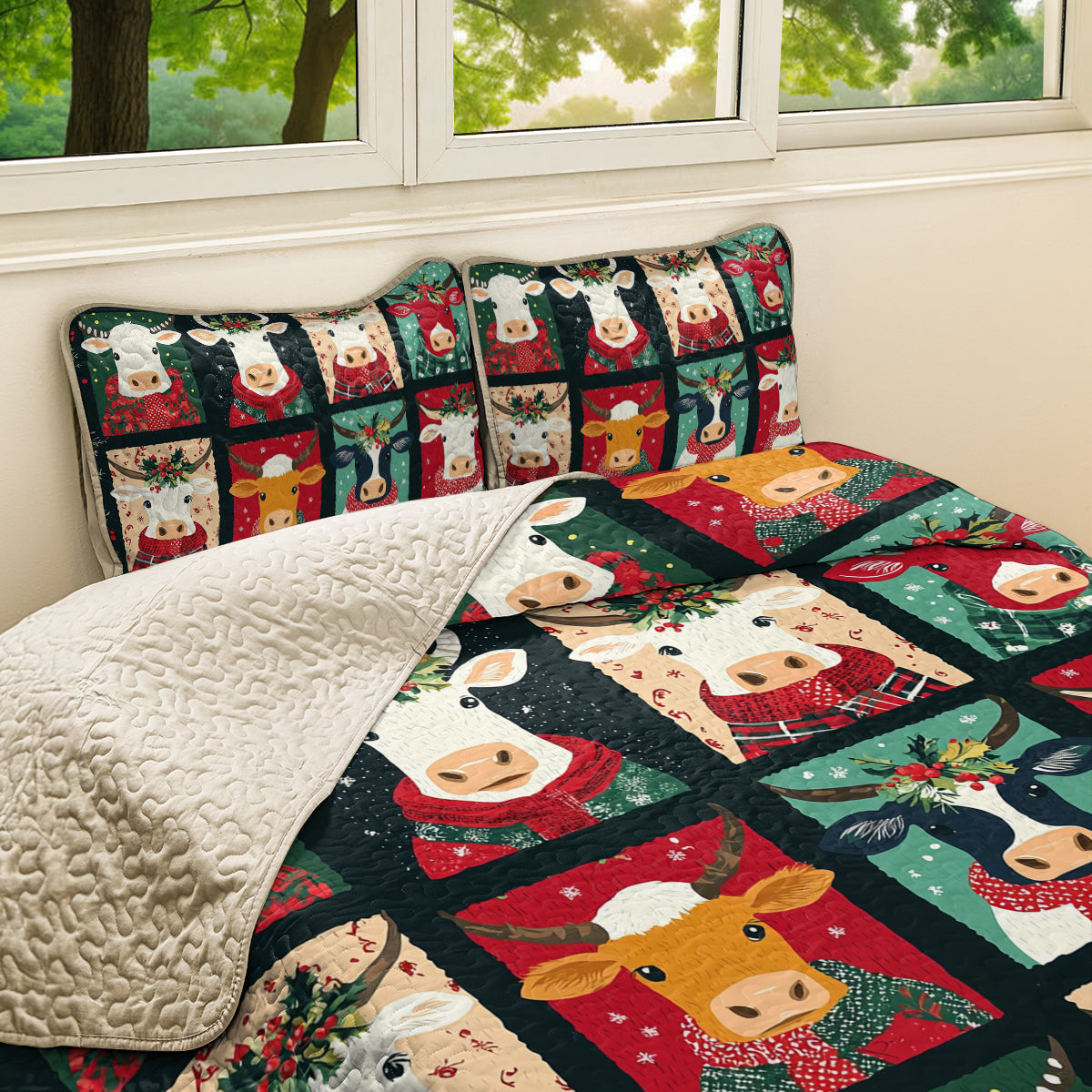 Shineful All Season Quilt 3-Piece Set Joyful Christmas Cow