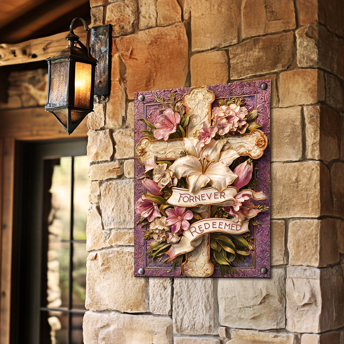 Shineful 2D Metal Sign Forever Redeemed Floral Cross